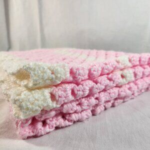 Handmade Knitted Crochet Baby Girl Blanket Pink White 52 x 36 Inch VG Fast Ship